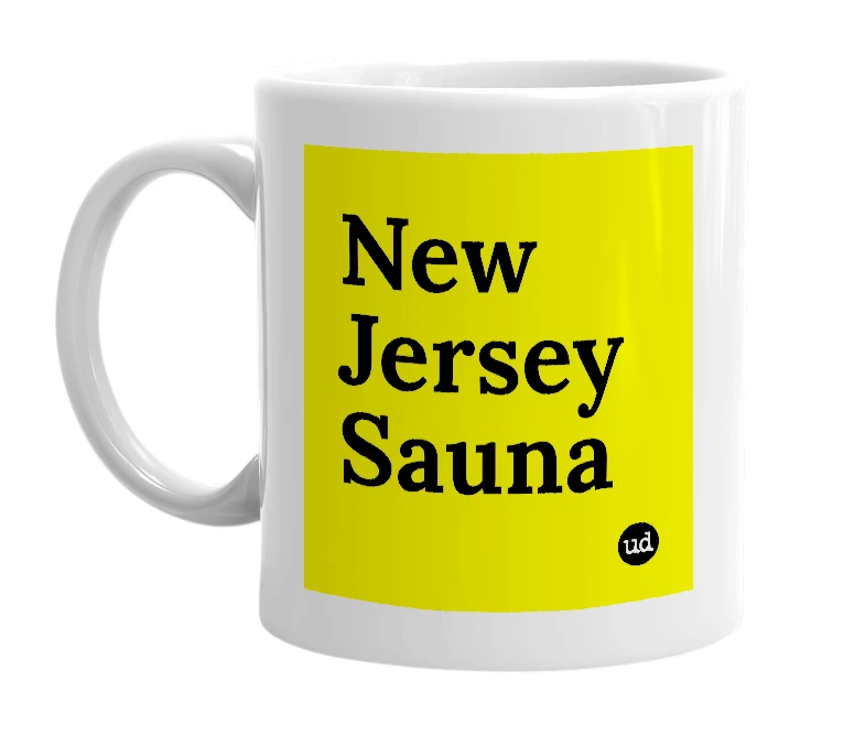 White mug with 'New Jersey Sauna' in bold black letters