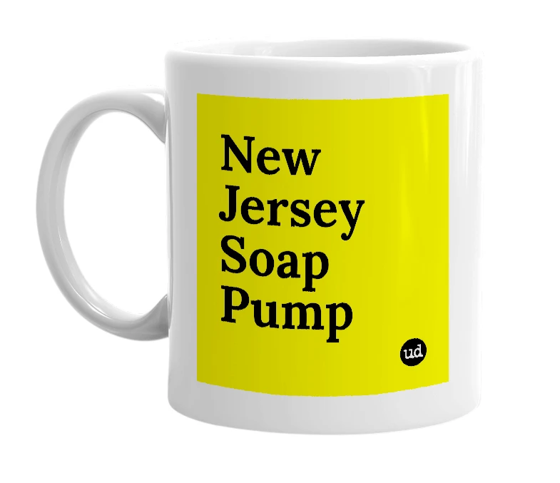 White mug with 'New Jersey Soap Pump' in bold black letters