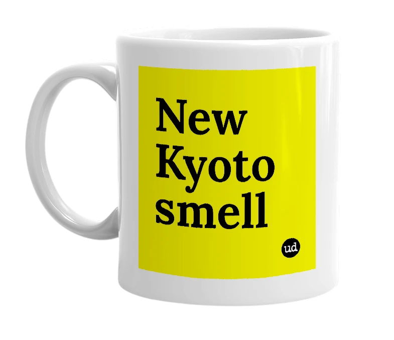 White mug with 'New Kyoto smell' in bold black letters