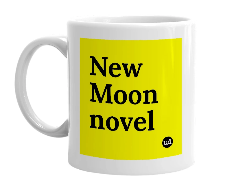 White mug with 'New Moon novel' in bold black letters