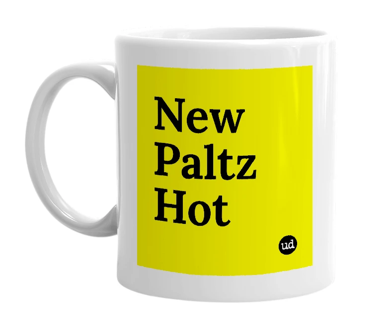 White mug with 'New Paltz Hot' in bold black letters