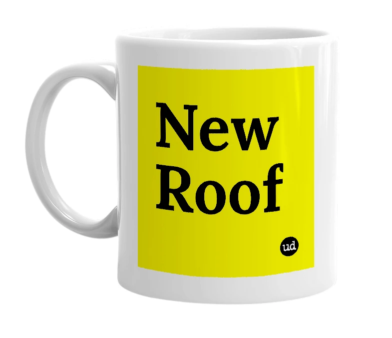 White mug with 'New Roof' in bold black letters