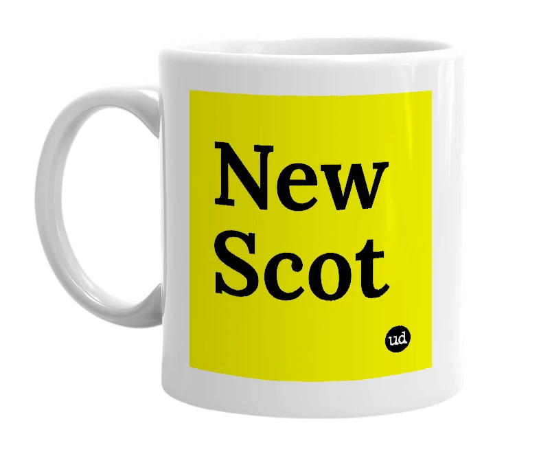 White mug with 'New Scot' in bold black letters