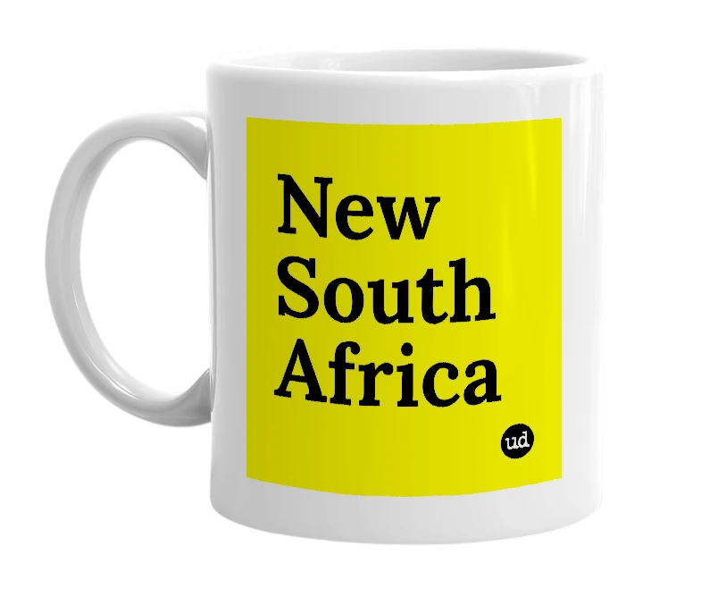 White mug with 'New South Africa' in bold black letters