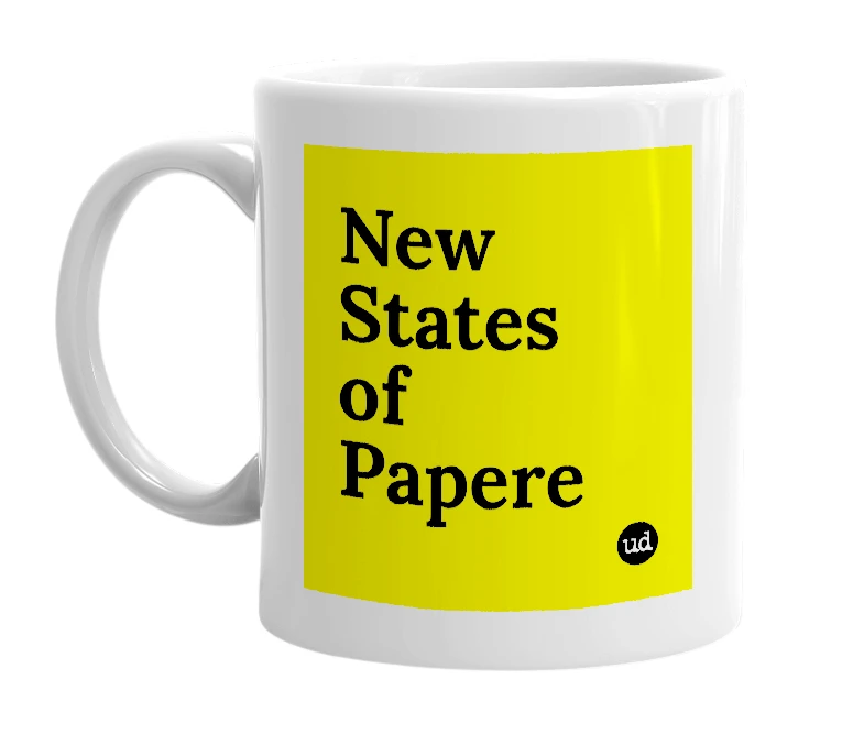 White mug with 'New States of Papere' in bold black letters
