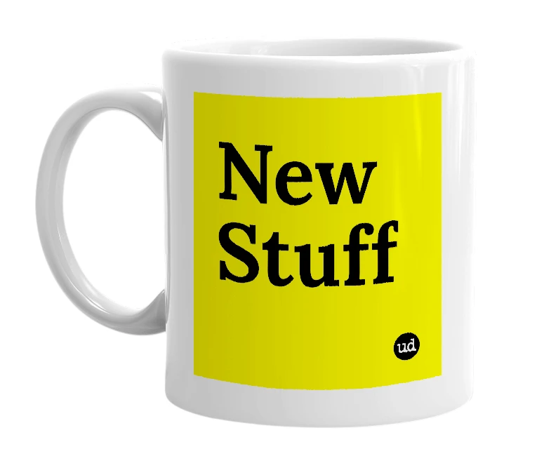 White mug with 'New Stuff' in bold black letters