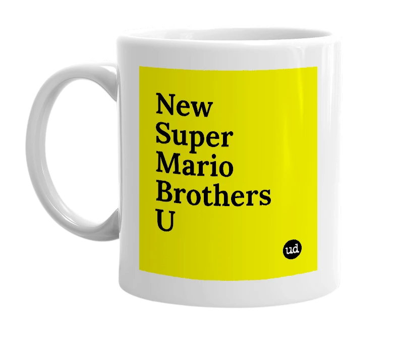 White mug with 'New Super Mario Brothers U' in bold black letters