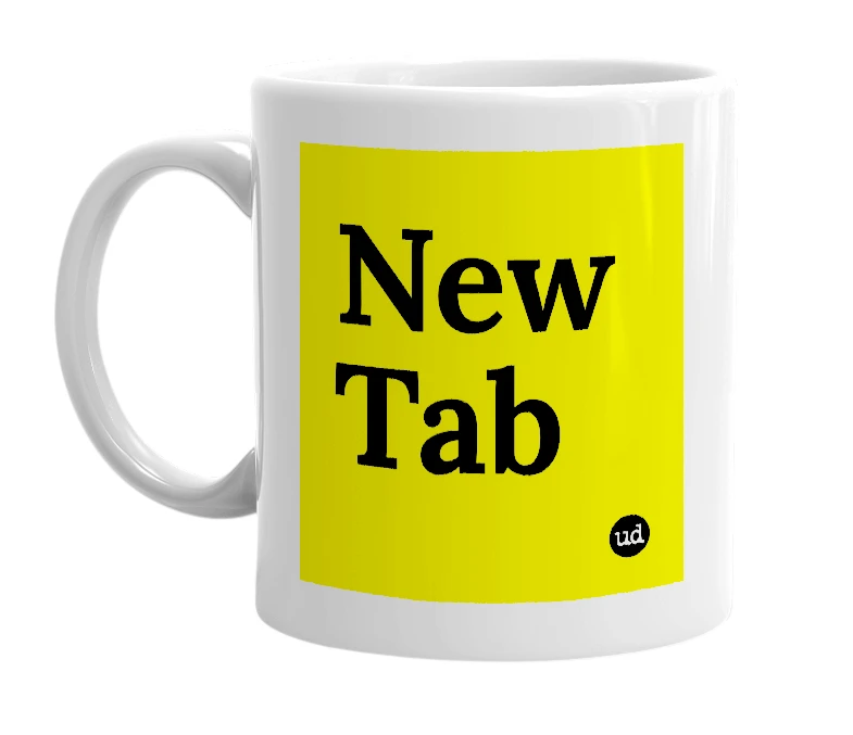 White mug with 'New Tab' in bold black letters