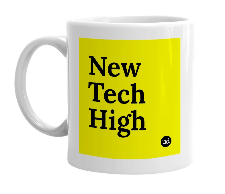 White mug with 'New Tech High' in bold black letters