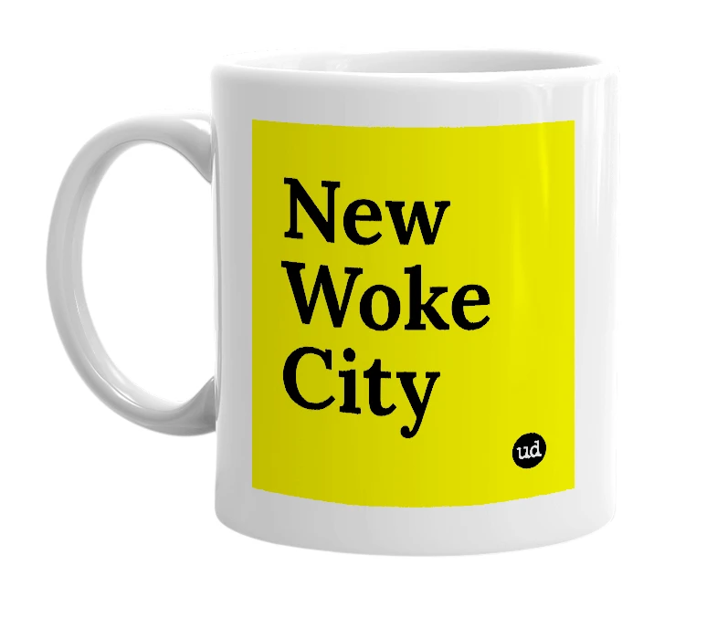 White mug with 'New Woke City' in bold black letters