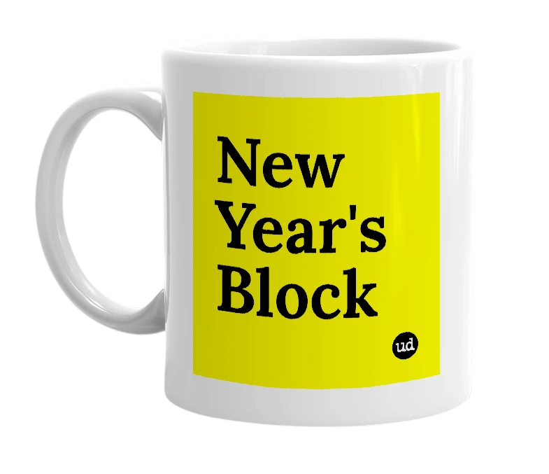 White mug with 'New Year's Block' in bold black letters