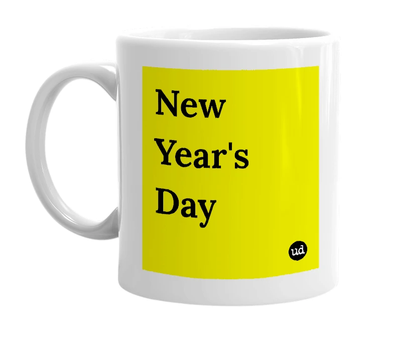 White mug with 'New Year's Day' in bold black letters