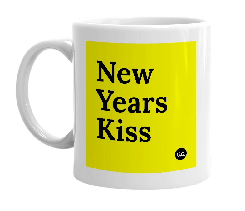 White mug with 'New Years Kiss' in bold black letters