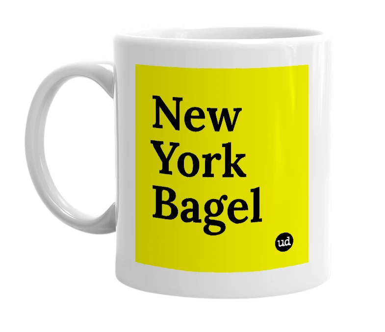 White mug with 'New York Bagel' in bold black letters