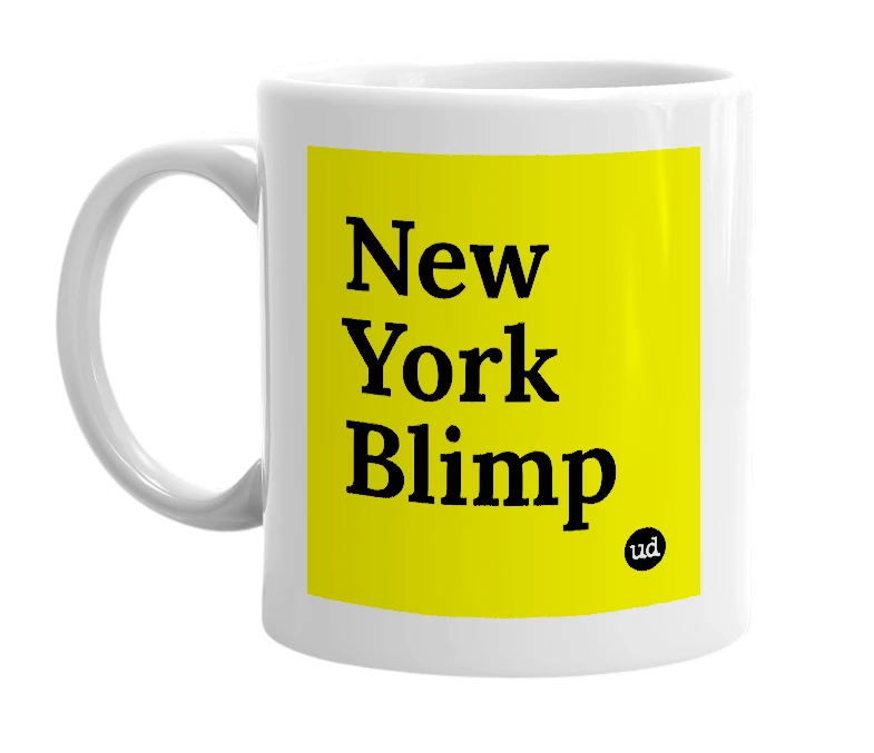 White mug with 'New York Blimp' in bold black letters