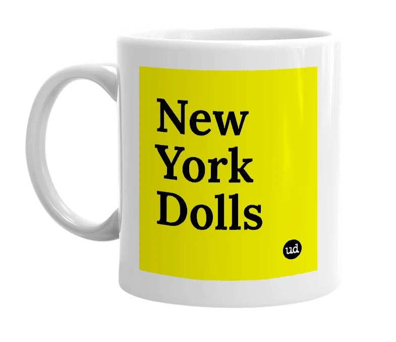 White mug with 'New York Dolls' in bold black letters