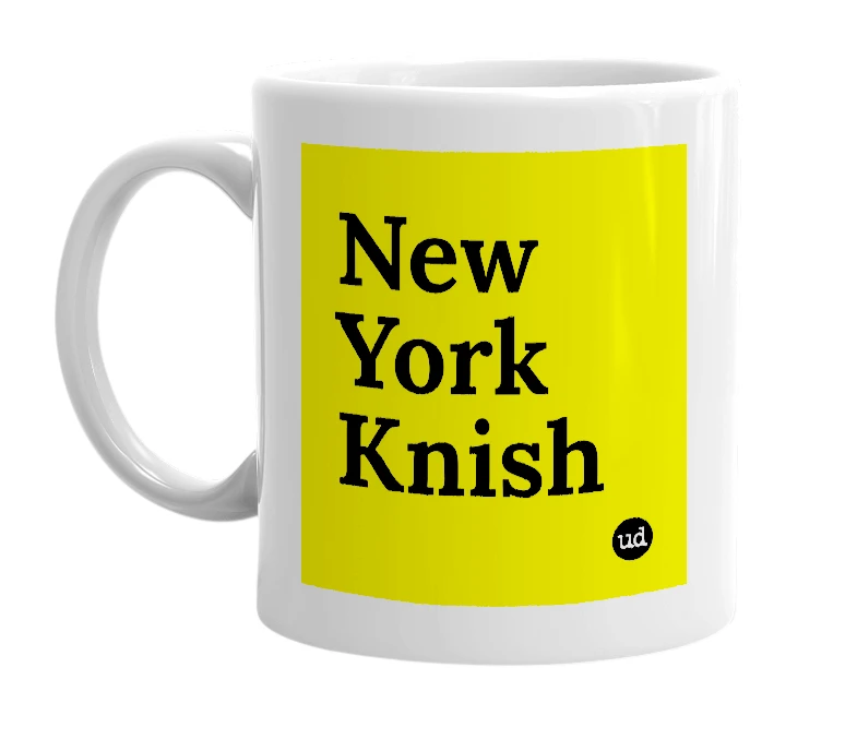 White mug with 'New York Knish' in bold black letters