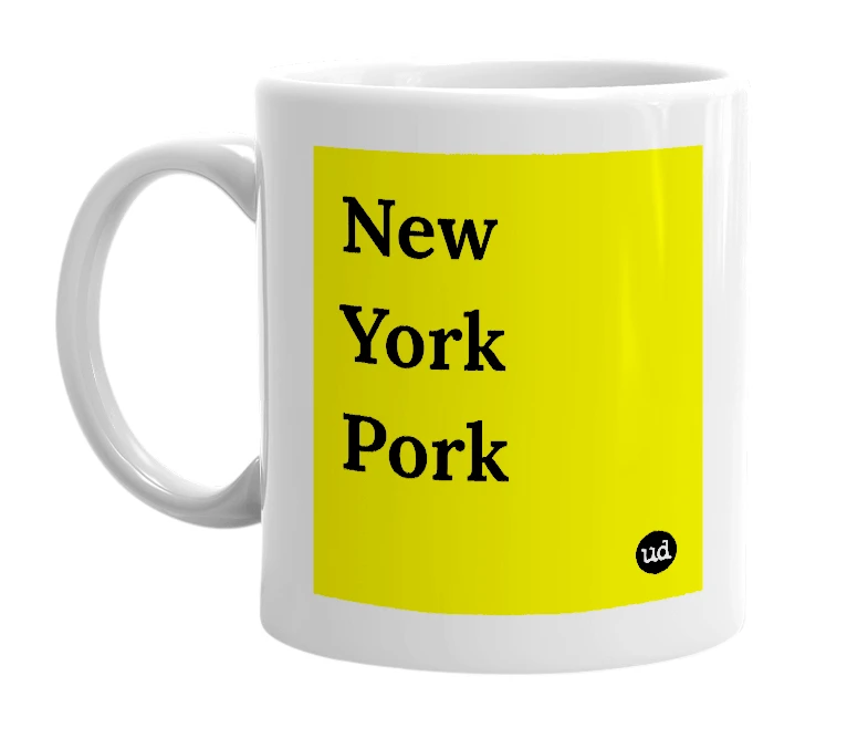 White mug with 'New York Pork' in bold black letters