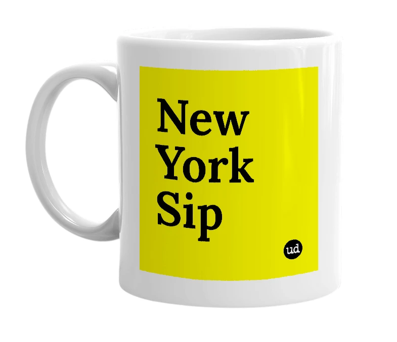 White mug with 'New York Sip' in bold black letters