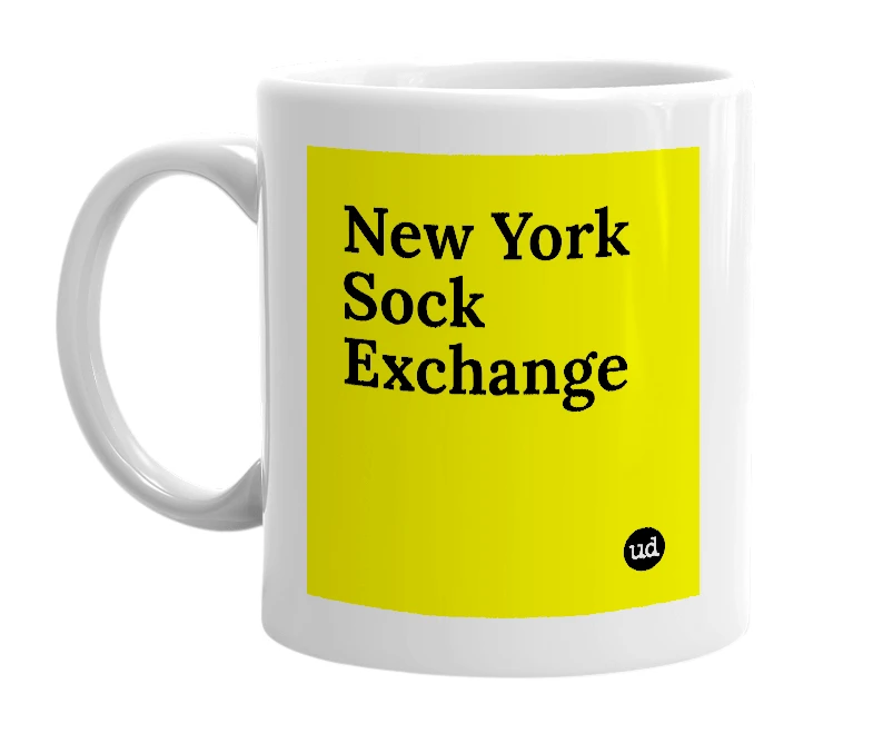 White mug with 'New York Sock Exchange' in bold black letters