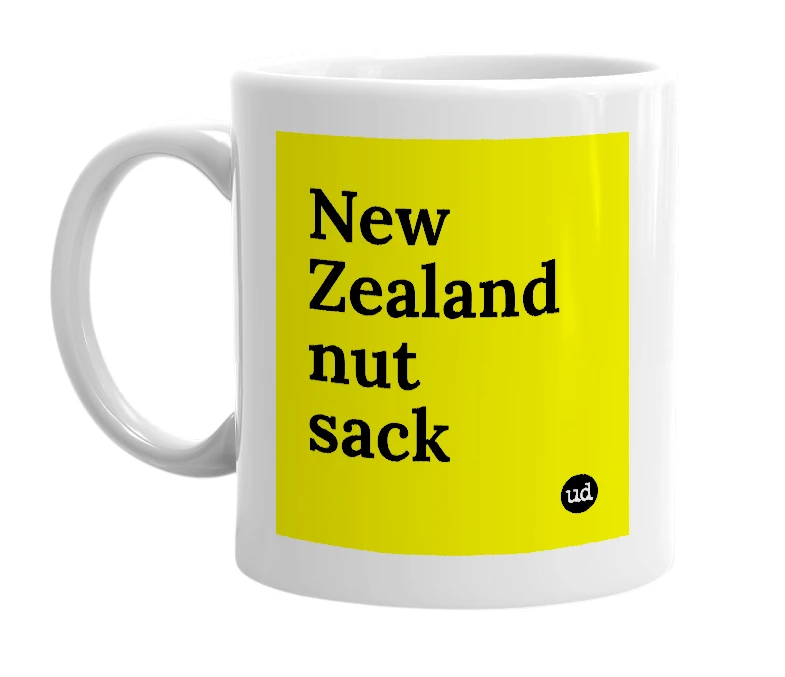 White mug with 'New Zealand nut sack' in bold black letters