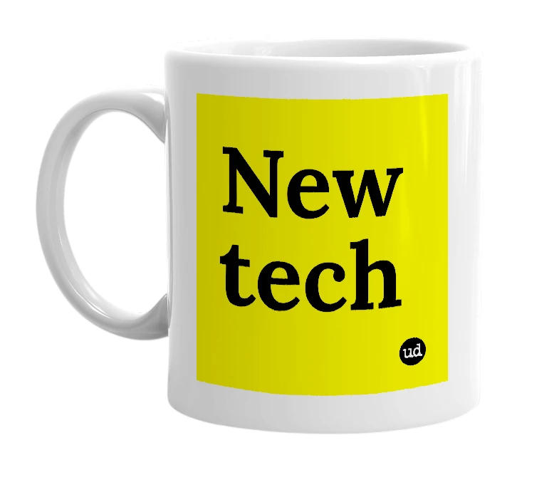 White mug with 'New tech' in bold black letters