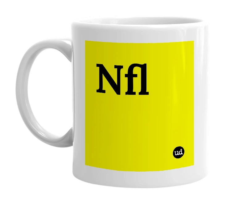 White mug with 'Nfl' in bold black letters