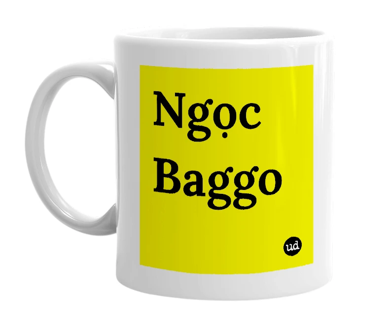White mug with 'Ngọc Baggo' in bold black letters