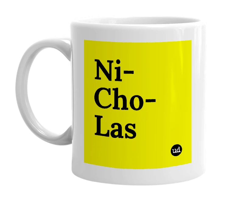 White mug with 'Ni-Cho-Las' in bold black letters