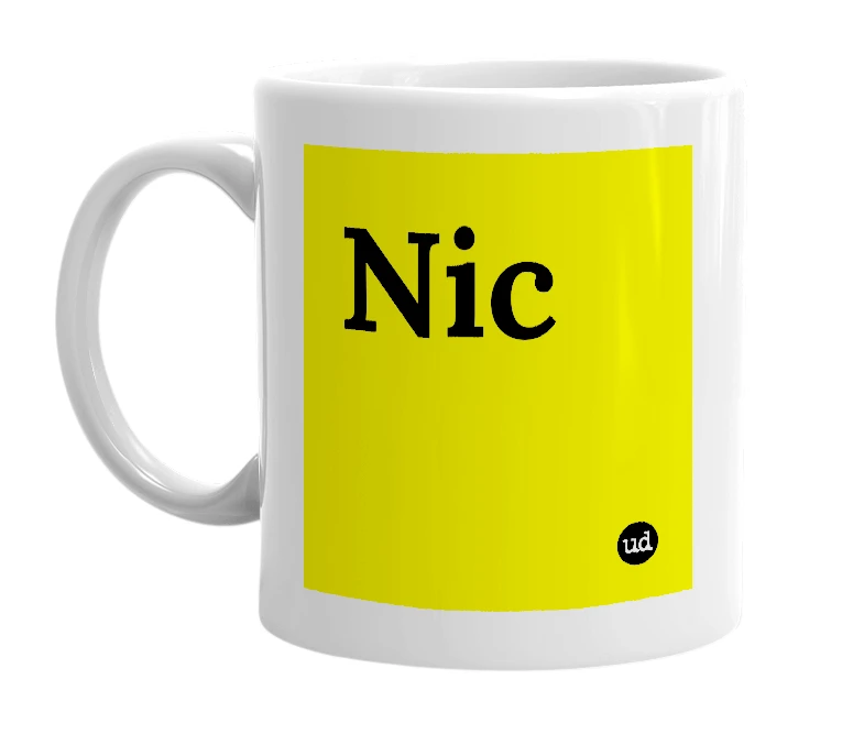 White mug with 'Nic' in bold black letters