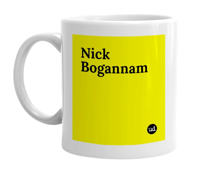 White mug with 'Nick Bogannam' in bold black letters