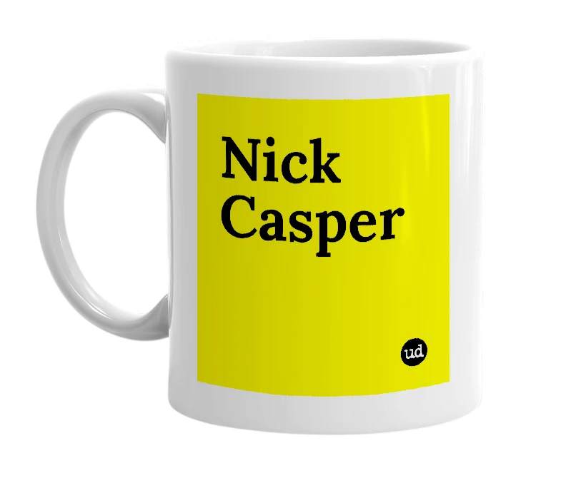 White mug with 'Nick Casper' in bold black letters