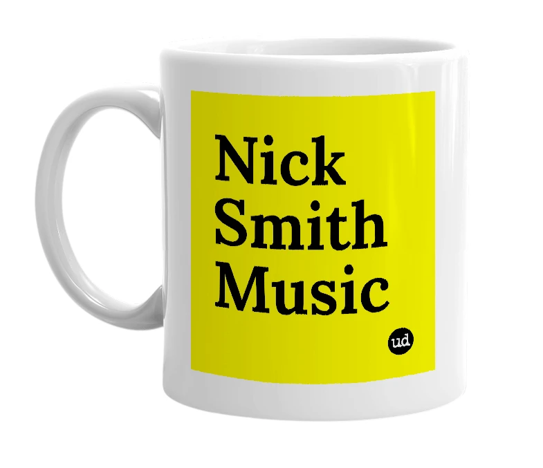 White mug with 'Nick Smith Music' in bold black letters