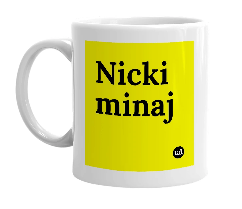 White mug with 'Nicki minaj' in bold black letters