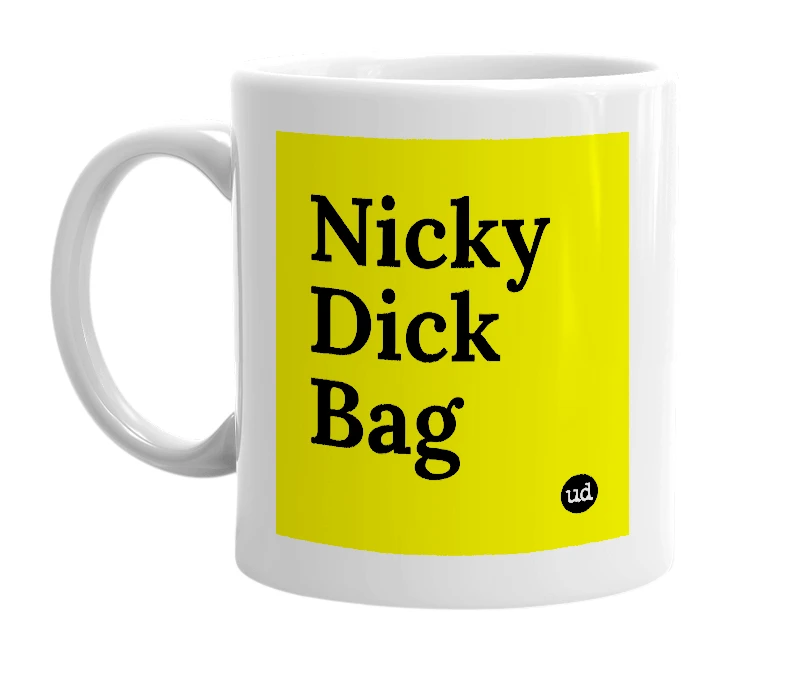 White mug with 'Nicky Dick Bag' in bold black letters