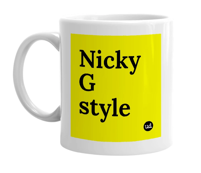 White mug with 'Nicky G style' in bold black letters