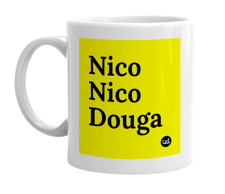 White mug with 'Nico Nico Douga' in bold black letters
