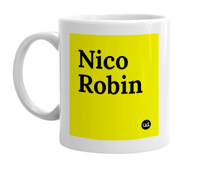 White mug with 'Nico Robin' in bold black letters