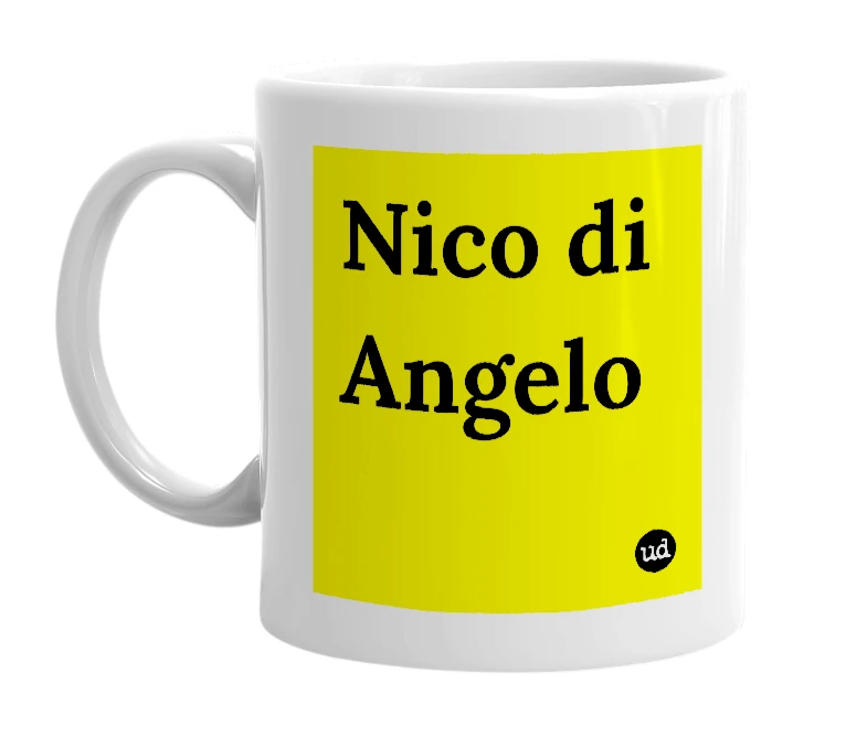White mug with 'Nico di Angelo' in bold black letters