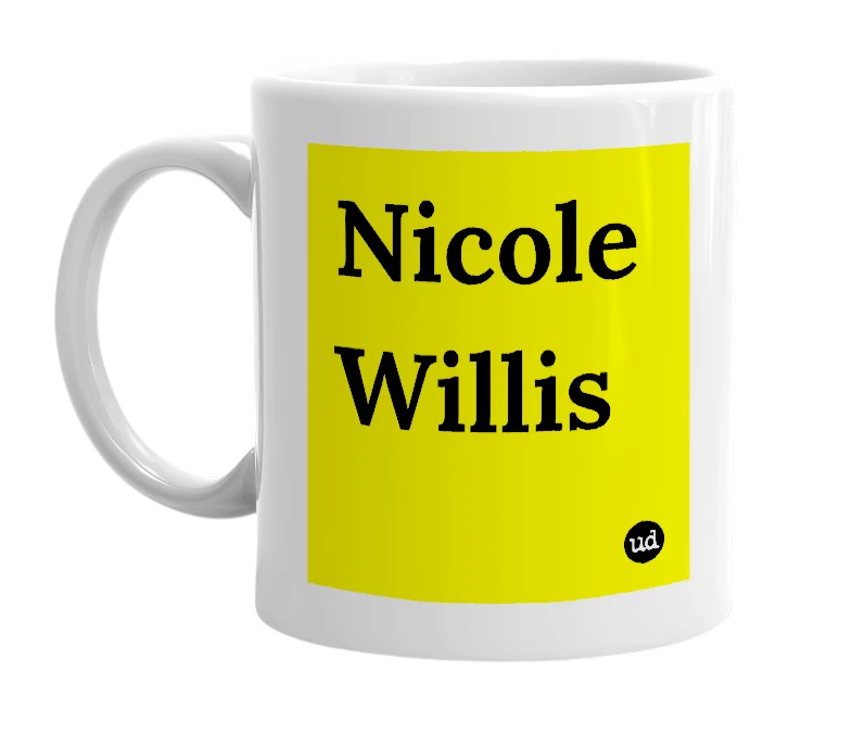 White mug with 'Nicole Willis' in bold black letters