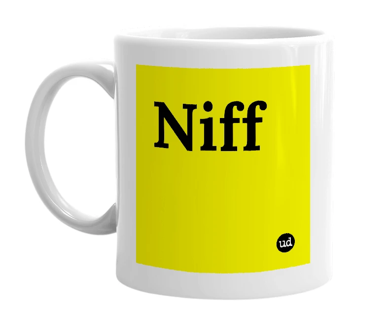 White mug with 'Niff' in bold black letters