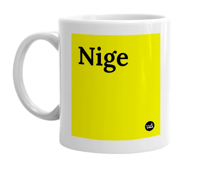 White mug with 'Nige' in bold black letters