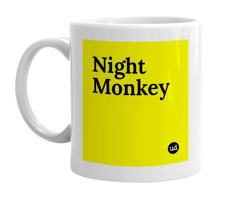 White mug with 'Night Monkey' in bold black letters