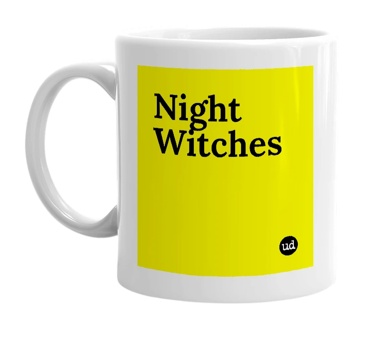 White mug with 'Night Witches' in bold black letters