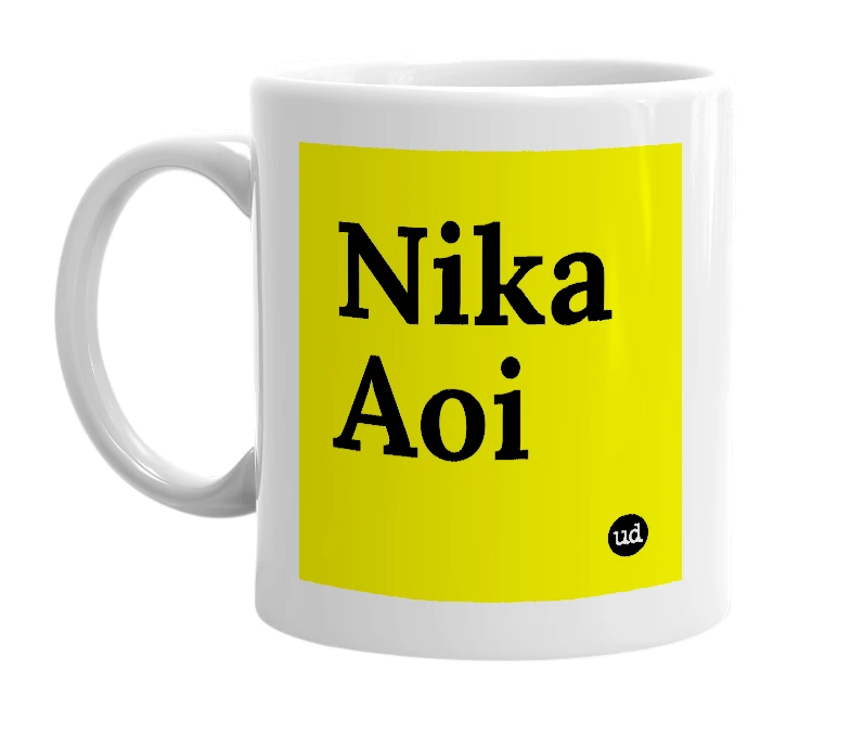 White mug with 'Nika Aoi' in bold black letters