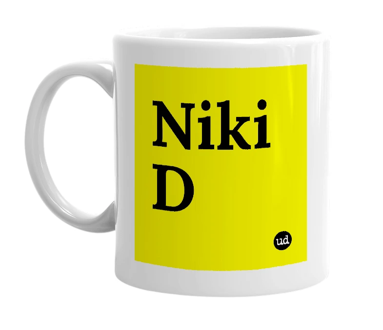 White mug with 'Niki D' in bold black letters