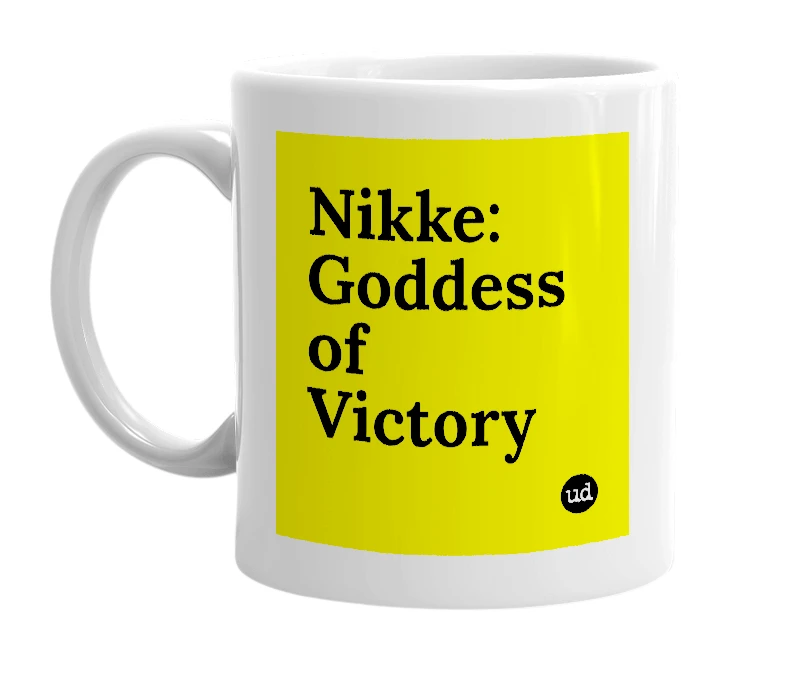 White mug with 'Nikke: Goddess of Victory' in bold black letters