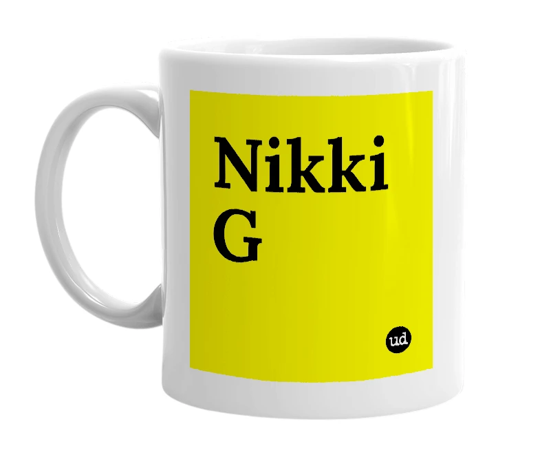 White mug with 'Nikki G' in bold black letters
