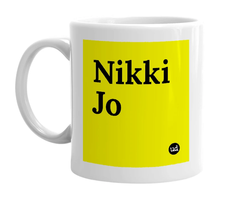 White mug with 'Nikki Jo' in bold black letters