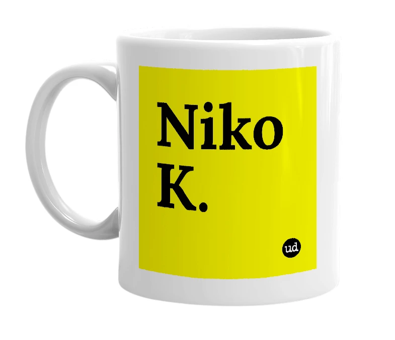 White mug with 'Niko K.' in bold black letters
